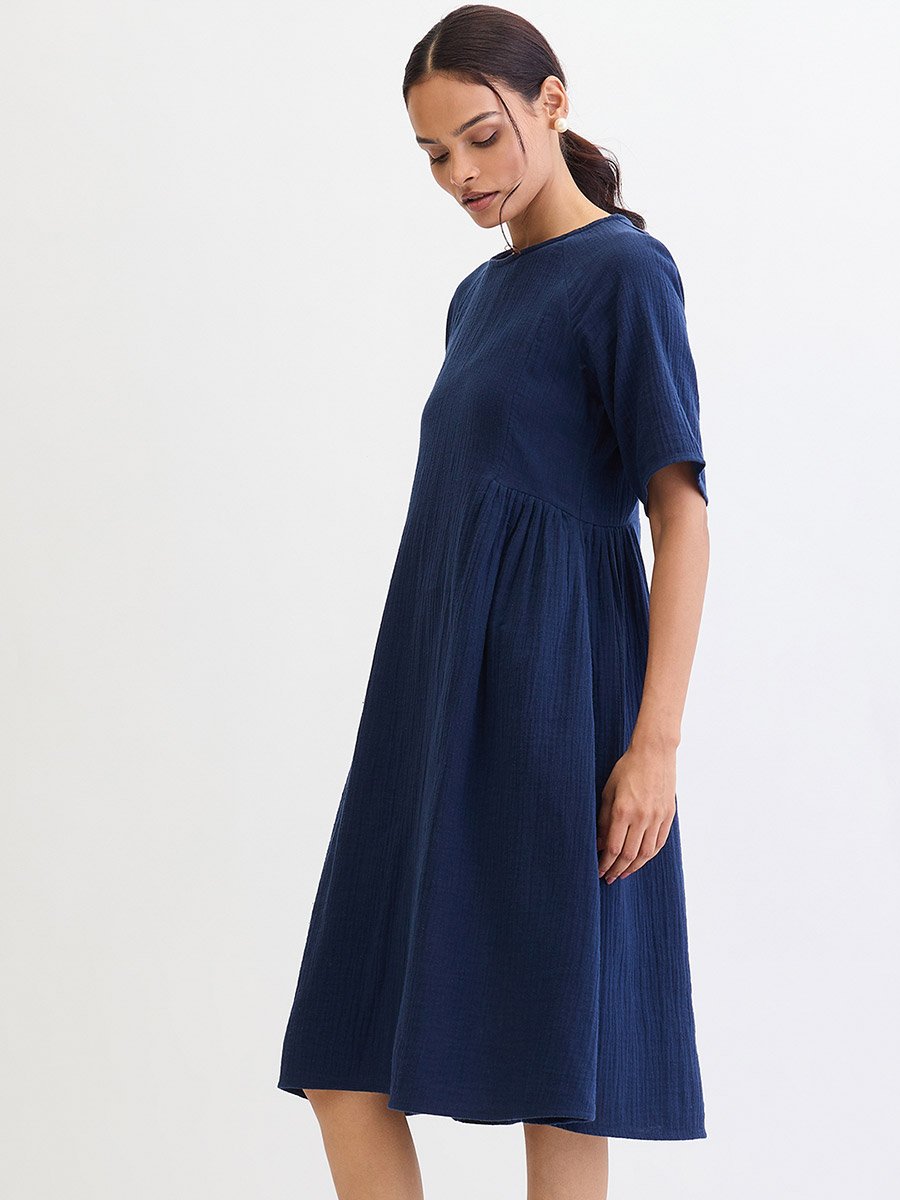 Navy Blue Cotton Side Gathers Detail Midi Dress