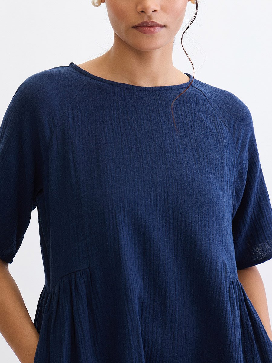 Navy Blue Cotton Side Gathers Detail Midi Dress