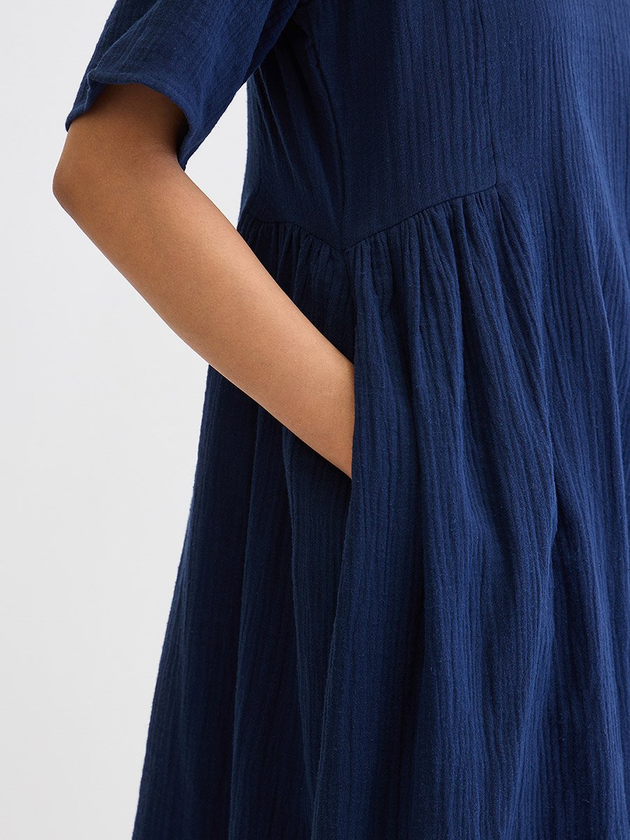 Navy Blue Cotton Side Gathers Detail Midi Dress