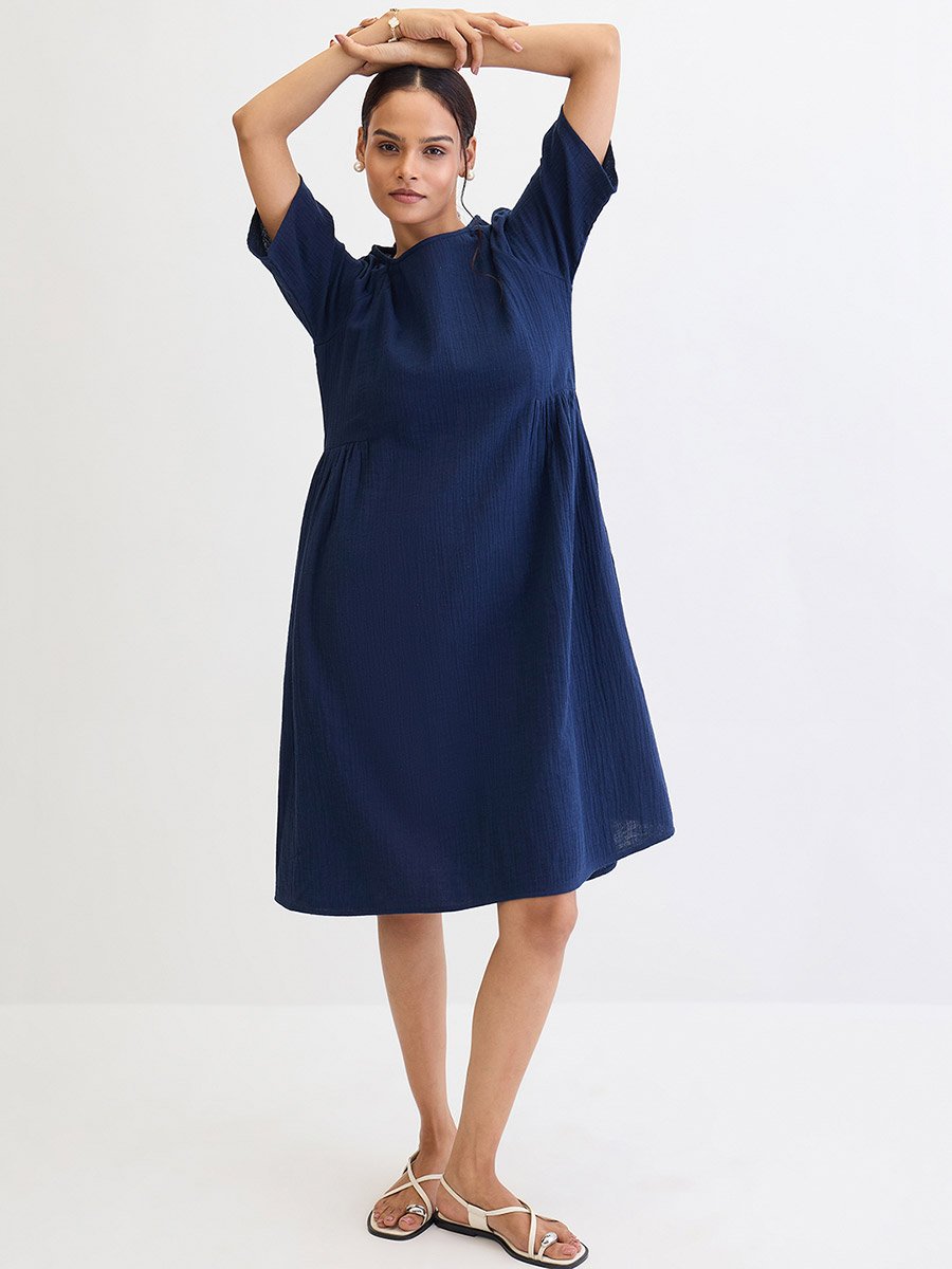 Navy Blue Cotton Side Gathers Detail Midi Dress