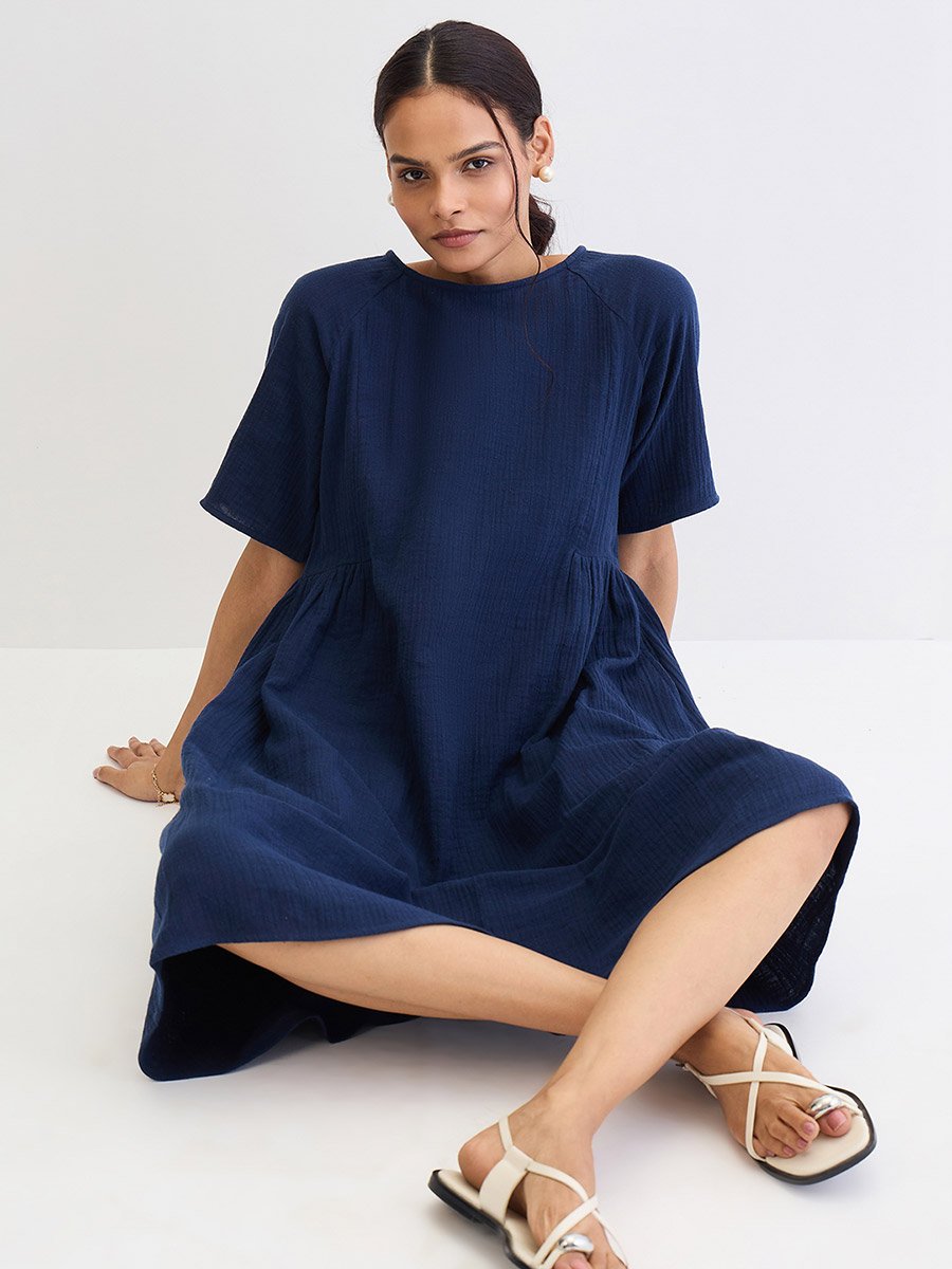 Navy Blue Cotton Side Gathers Detail Midi Dress