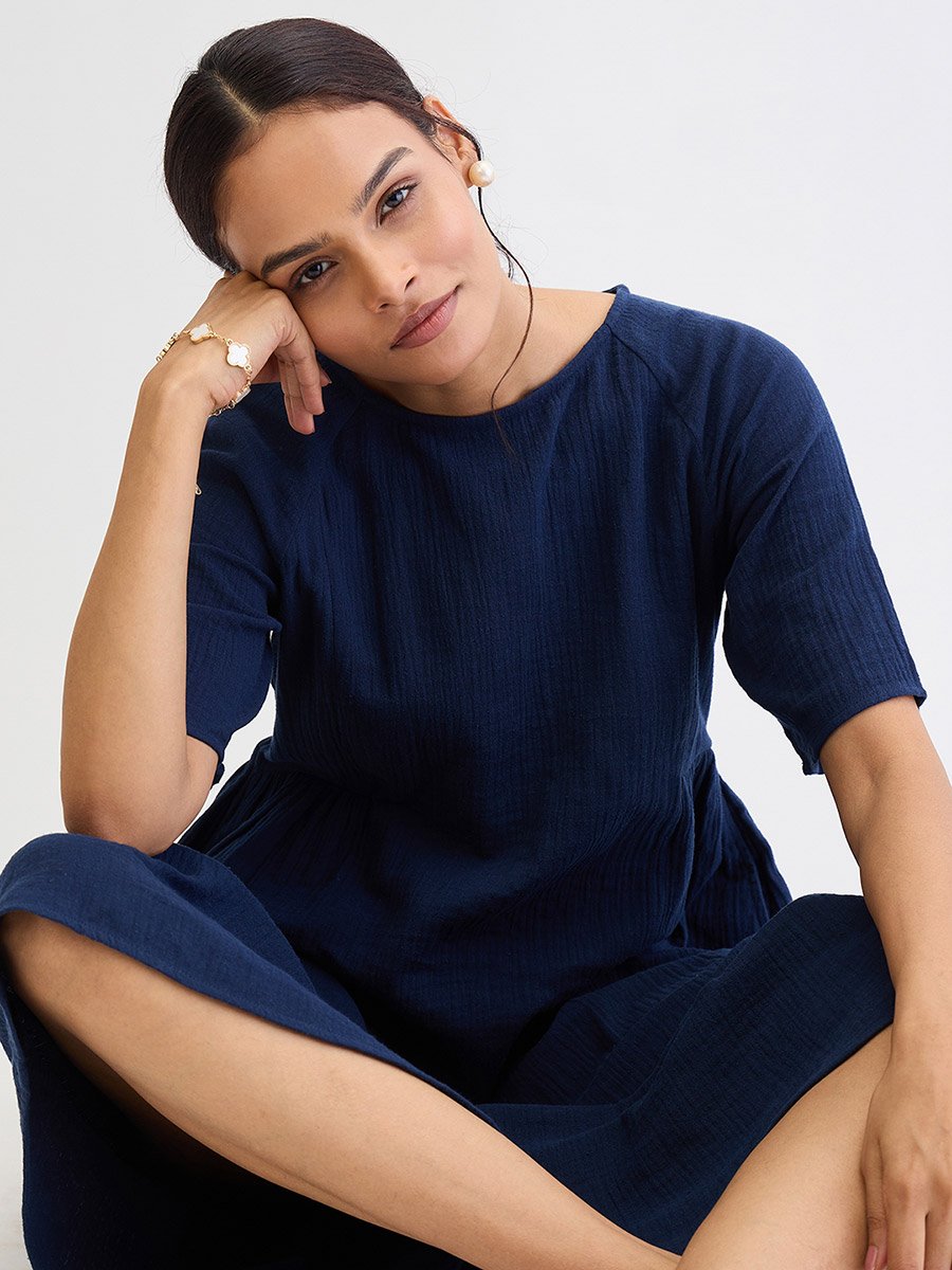 Navy Blue Cotton Side Gathers Detail Midi Dress