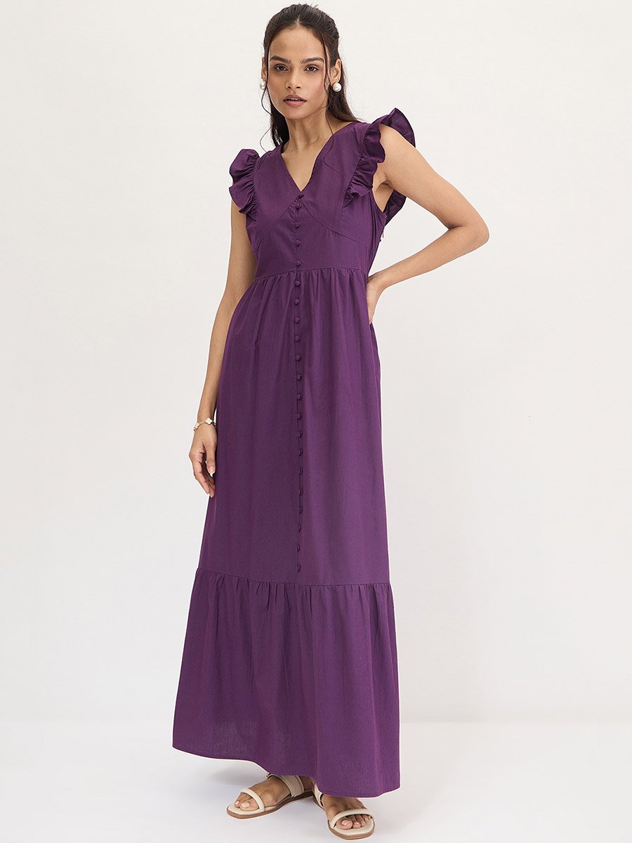 Purple Poplin Ruffle Sleeveless Maxi Dress