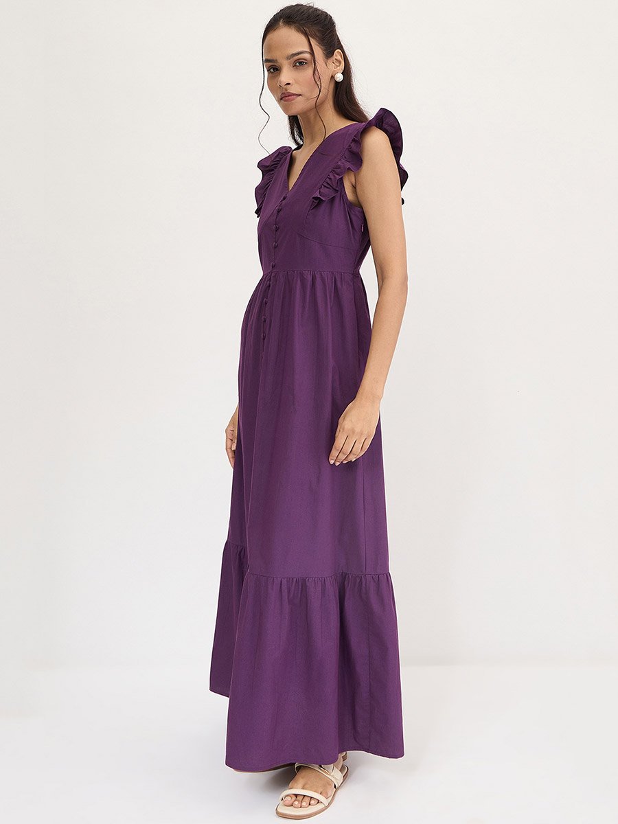 Purple Poplin Ruffle Sleeveless Maxi Dress