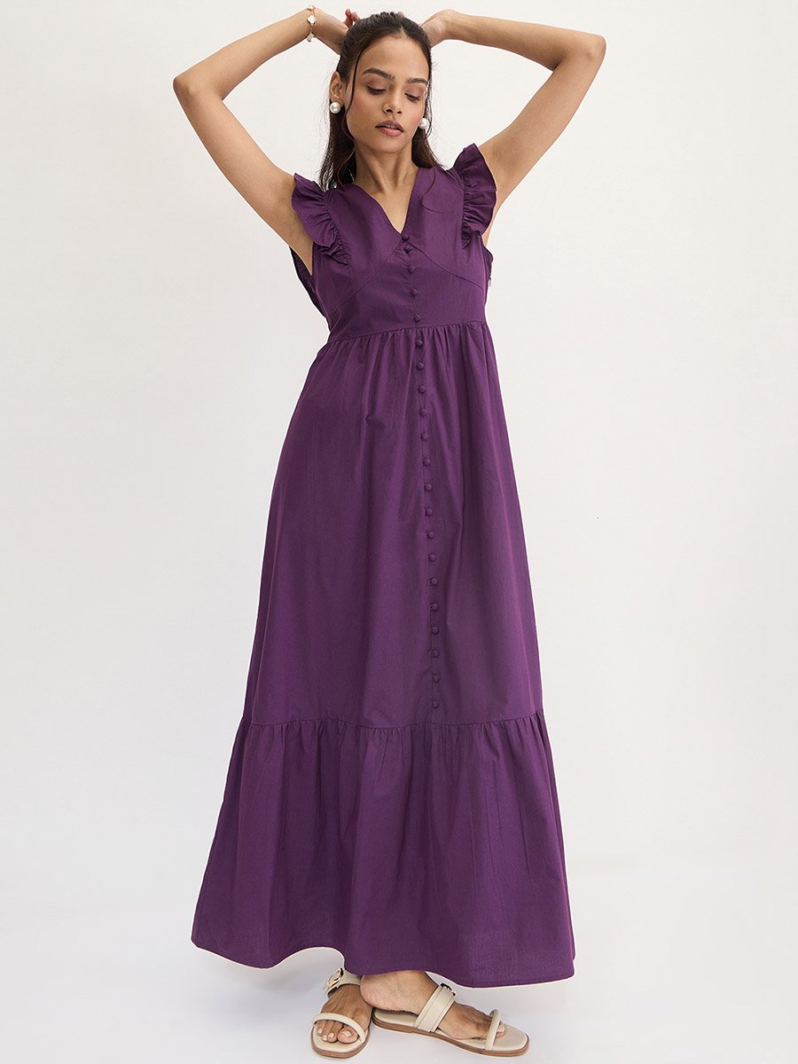Purple Poplin Ruffle Sleeveless Maxi Dress