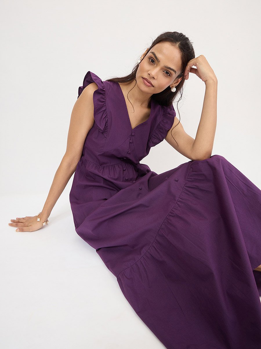 Purple Poplin Ruffle Sleeveless Maxi Dress