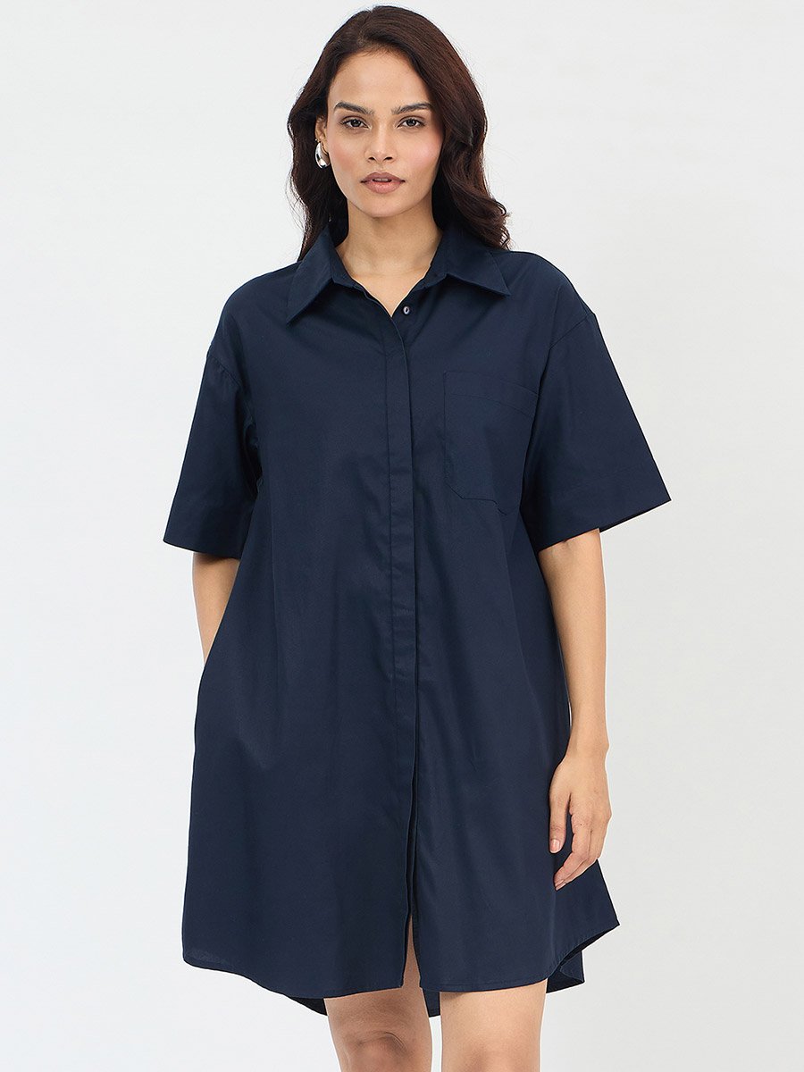 Navy Blue Cotton Mini Shirt Dress