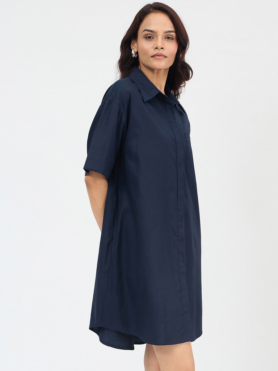 Navy Blue Cotton Mini Shirt Dress
