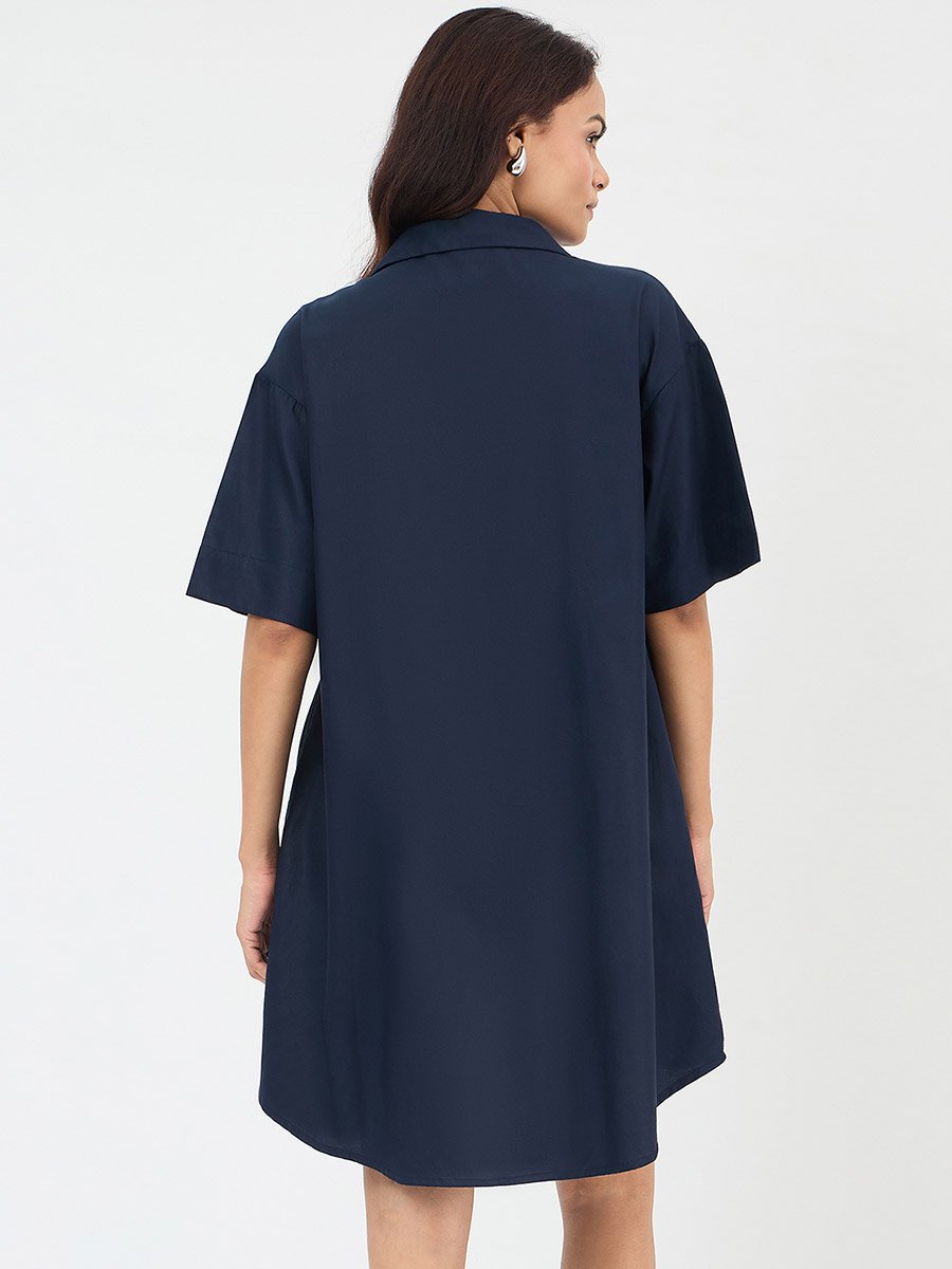 Navy Blue Cotton Mini Shirt Dress