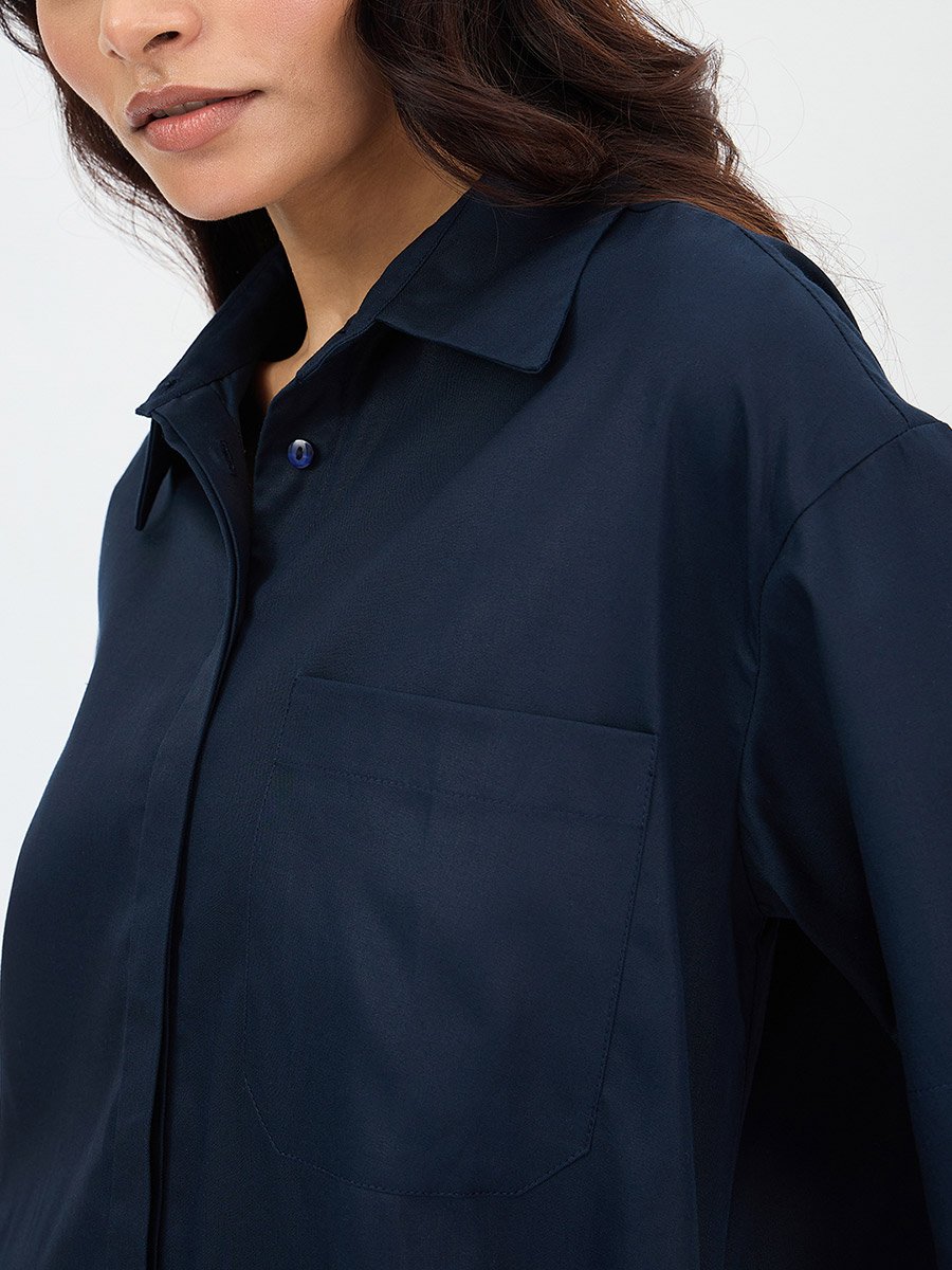 Navy Blue Cotton Mini Shirt Dress
