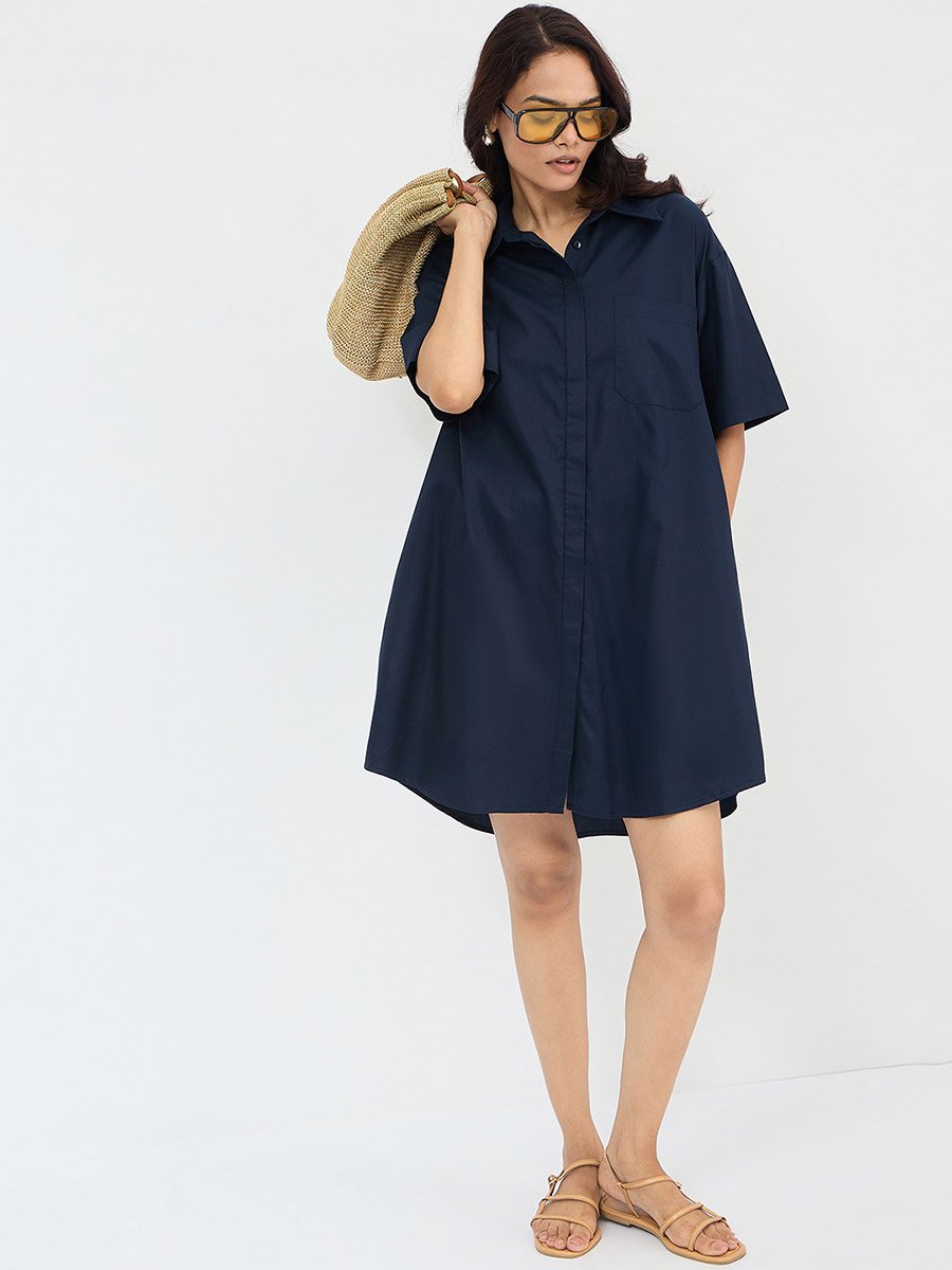 Navy Blue Cotton Mini Shirt Dress