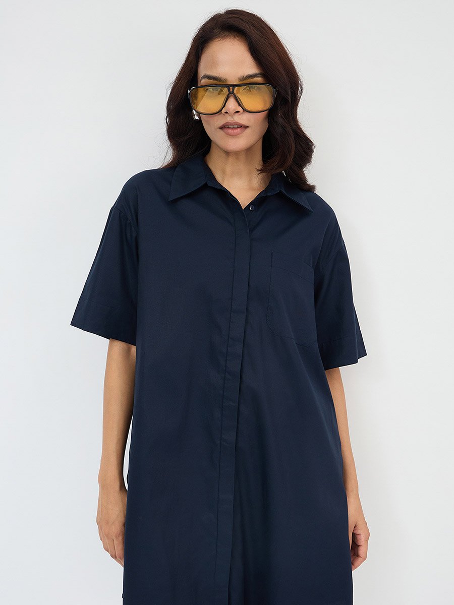 Navy Blue Cotton Mini Shirt Dress
