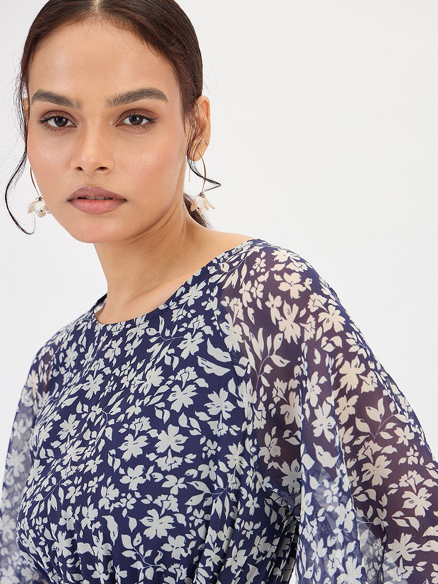 Navy Blue Floral Print Waist Tie Maxi Dress
