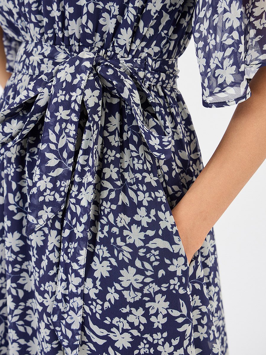 Navy Blue Floral Print Waist Tie Maxi Dress