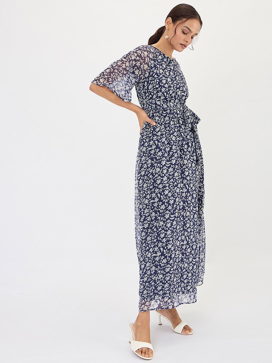 Navy Blue Floral Print Waist Tie Maxi Dress