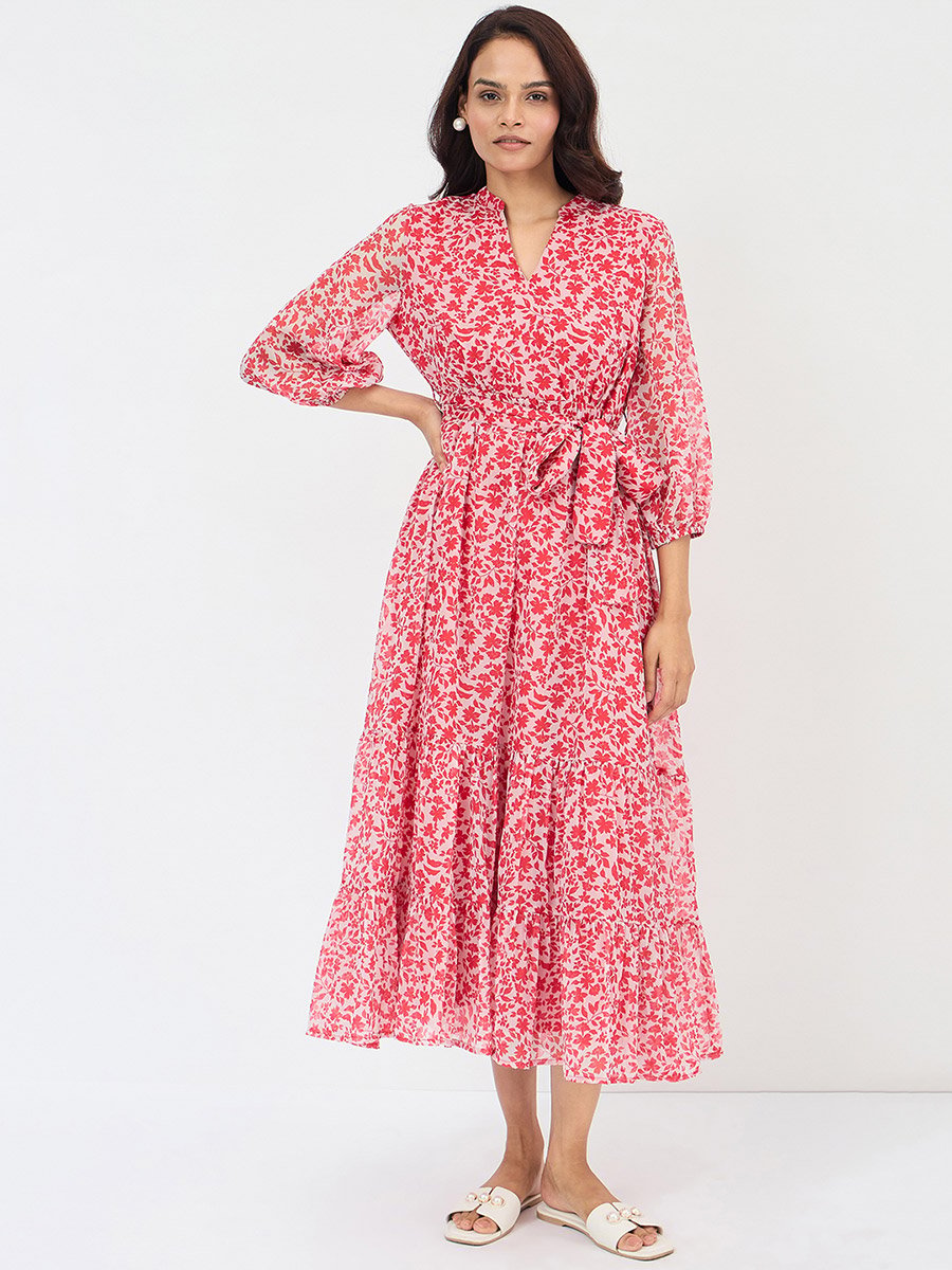 Floral Print Waist Tie Tiered Maxi Dress
