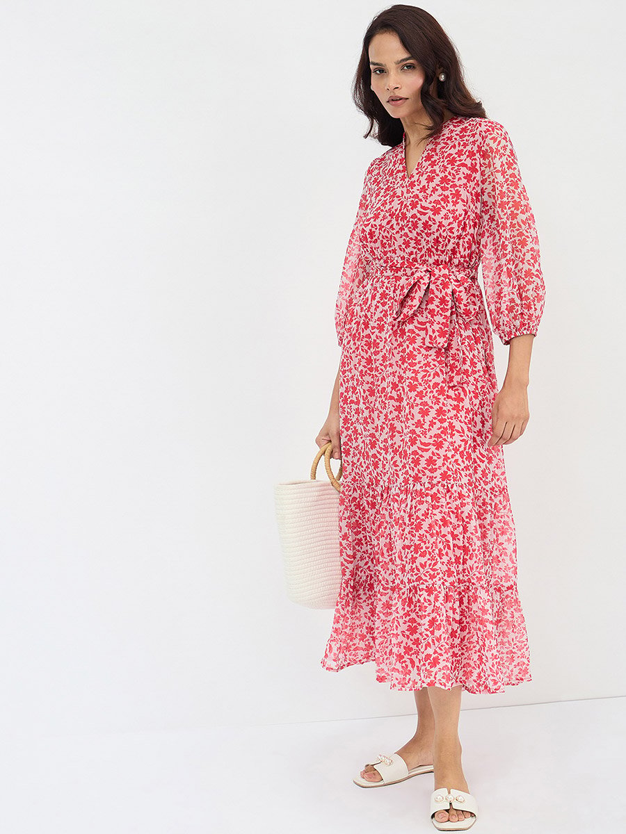 Floral Print Waist Tie Tiered Maxi Dress