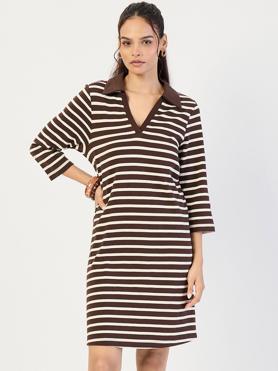 Brown Striped Polo Knit Knee Length Dress