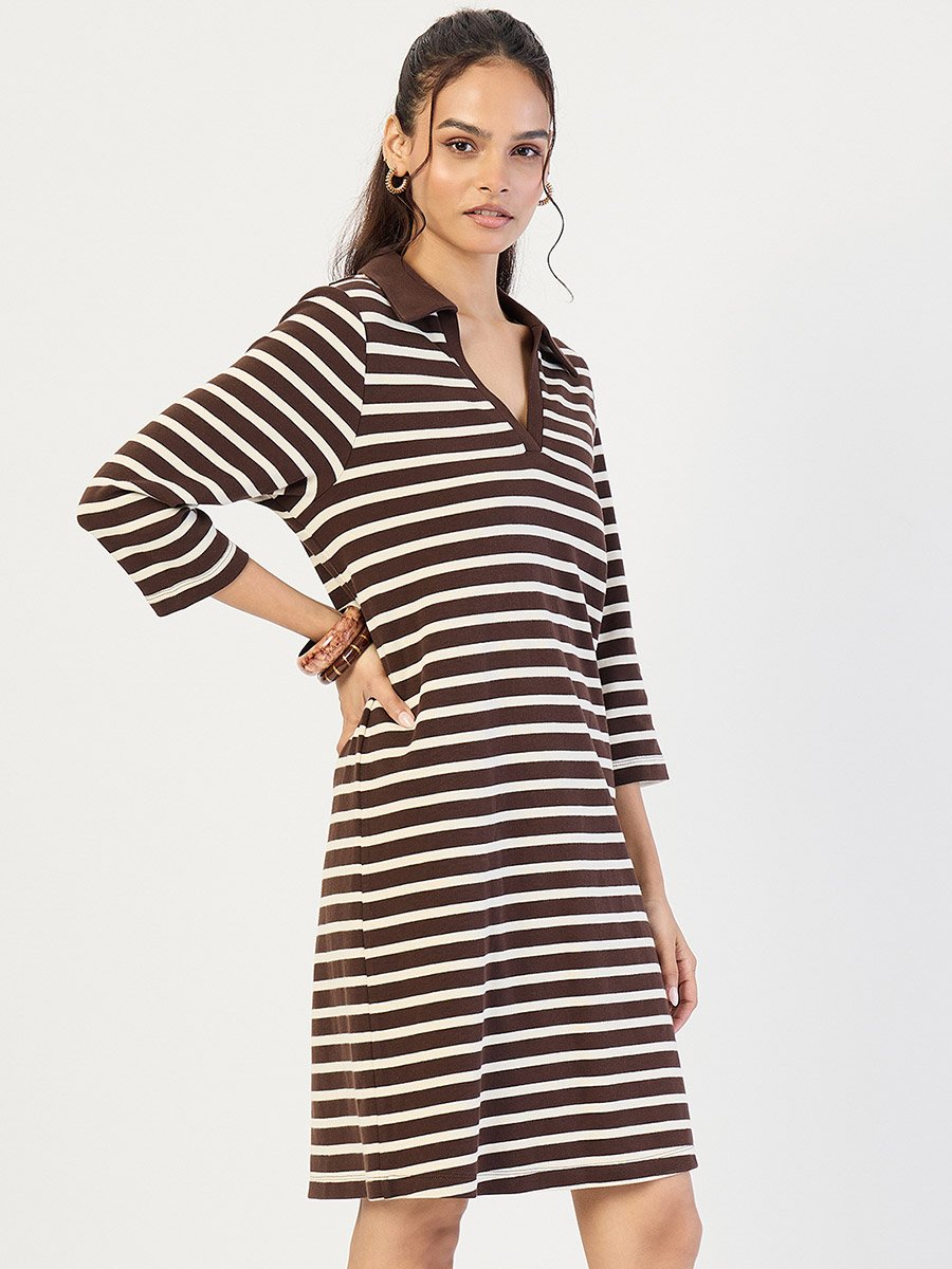 Brown Striped Polo Knit Knee Length Dress