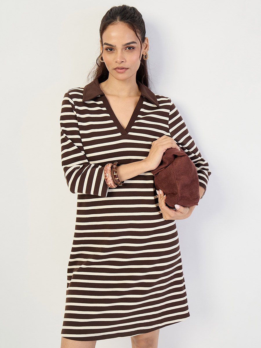 Brown Striped Polo Knit Knee Length Dress