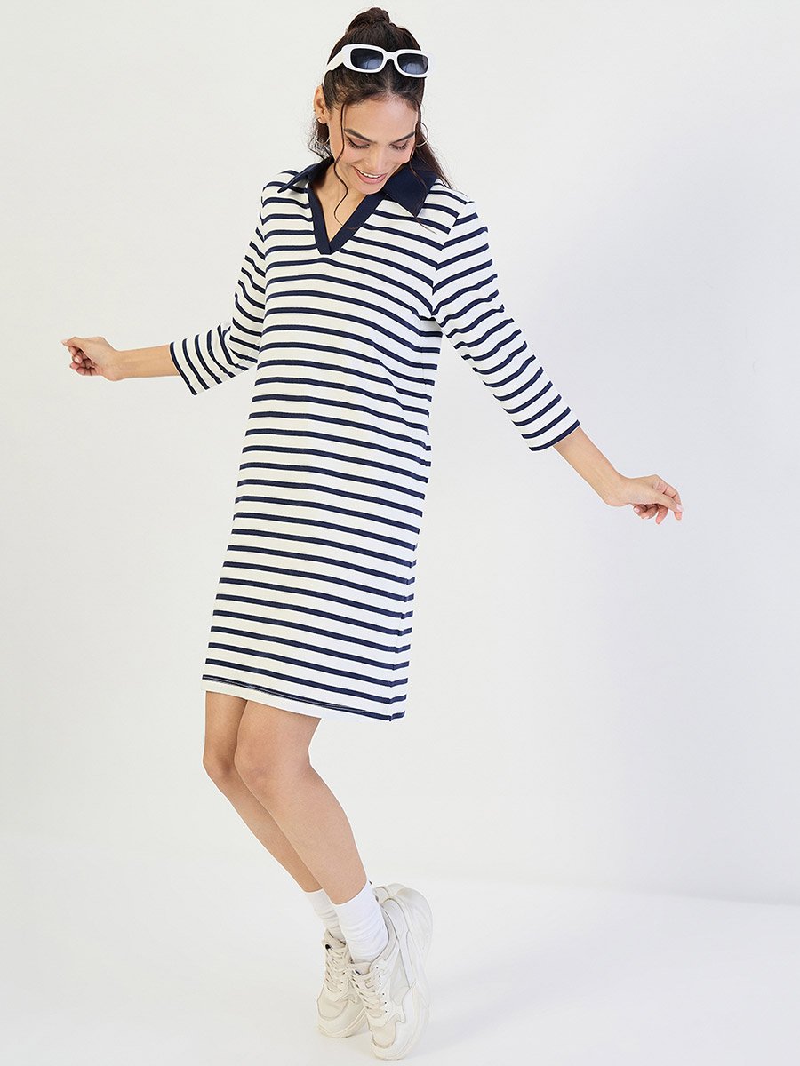 Navy Striped Polo Knit Knee Length Dress