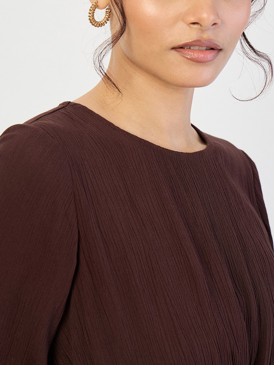 Coffee Brown Crinkled Round Neck Maxi Dress