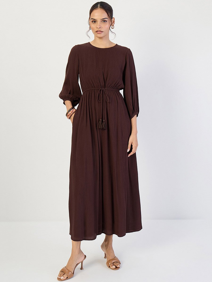 Coffee Brown Crinkled Round Neck Maxi Dress