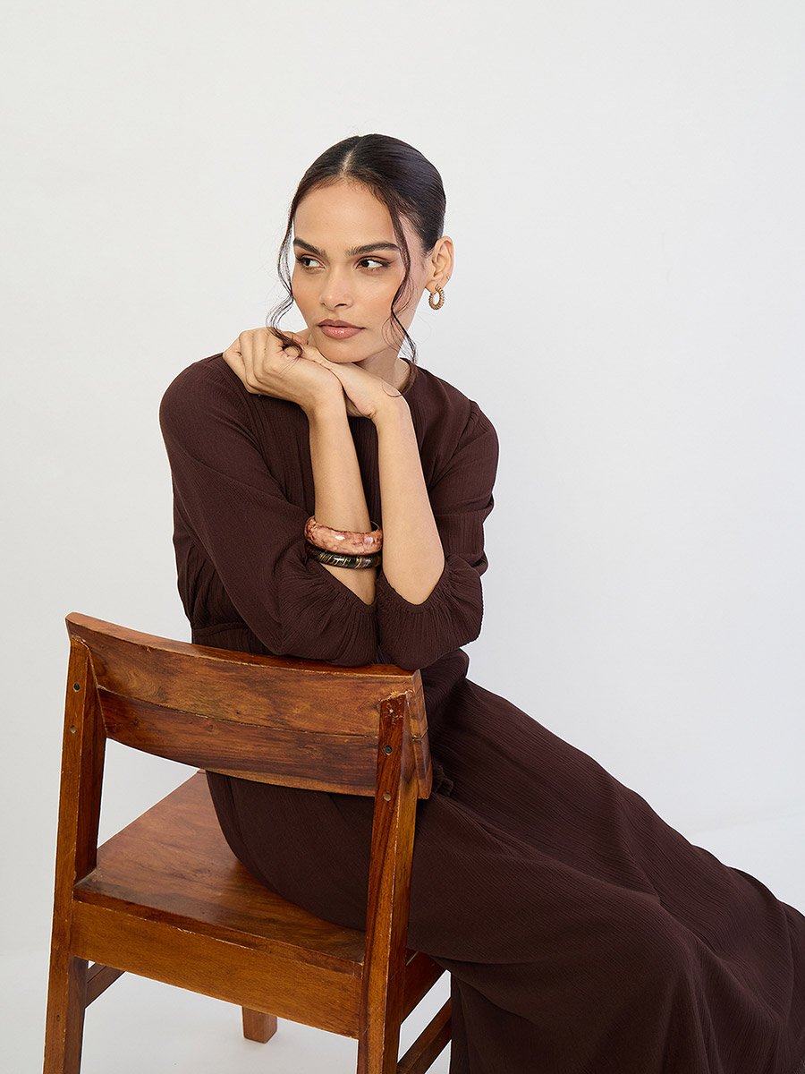Coffee Brown Crinkled Round Neck Maxi Dress