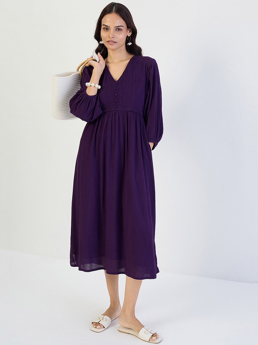 Deep Purple Crinkled Lace Detail Midi Dress