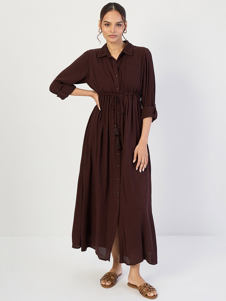 Coffee Brown Crinkled Button Down Maxi Dress