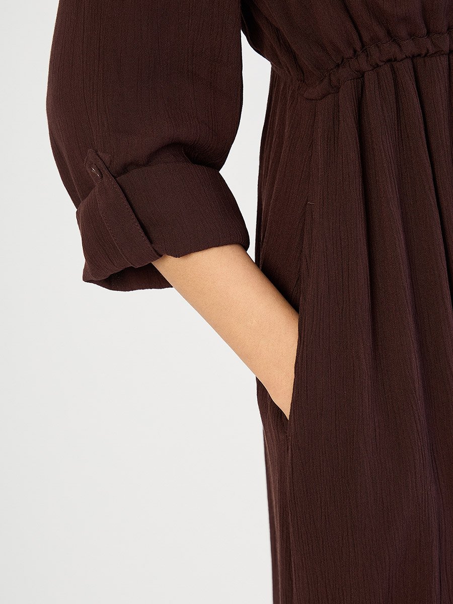 Coffee Brown Crinkled Button Down Maxi Dress