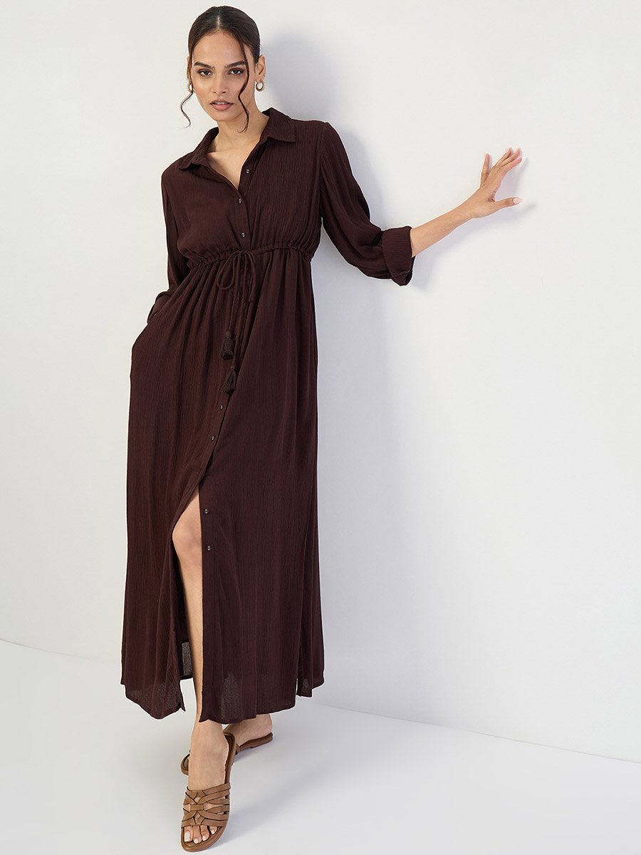 Coffee Brown Crinkled Button Down Maxi Dress