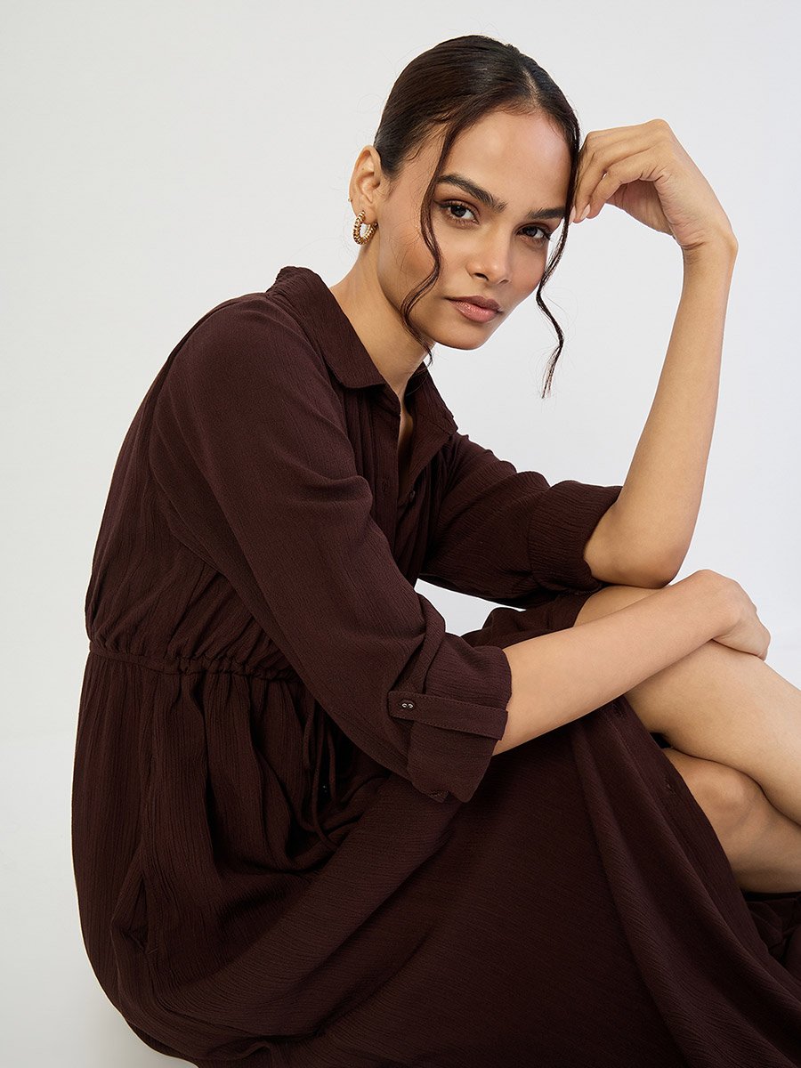 Coffee Brown Crinkled Button Down Maxi Dress