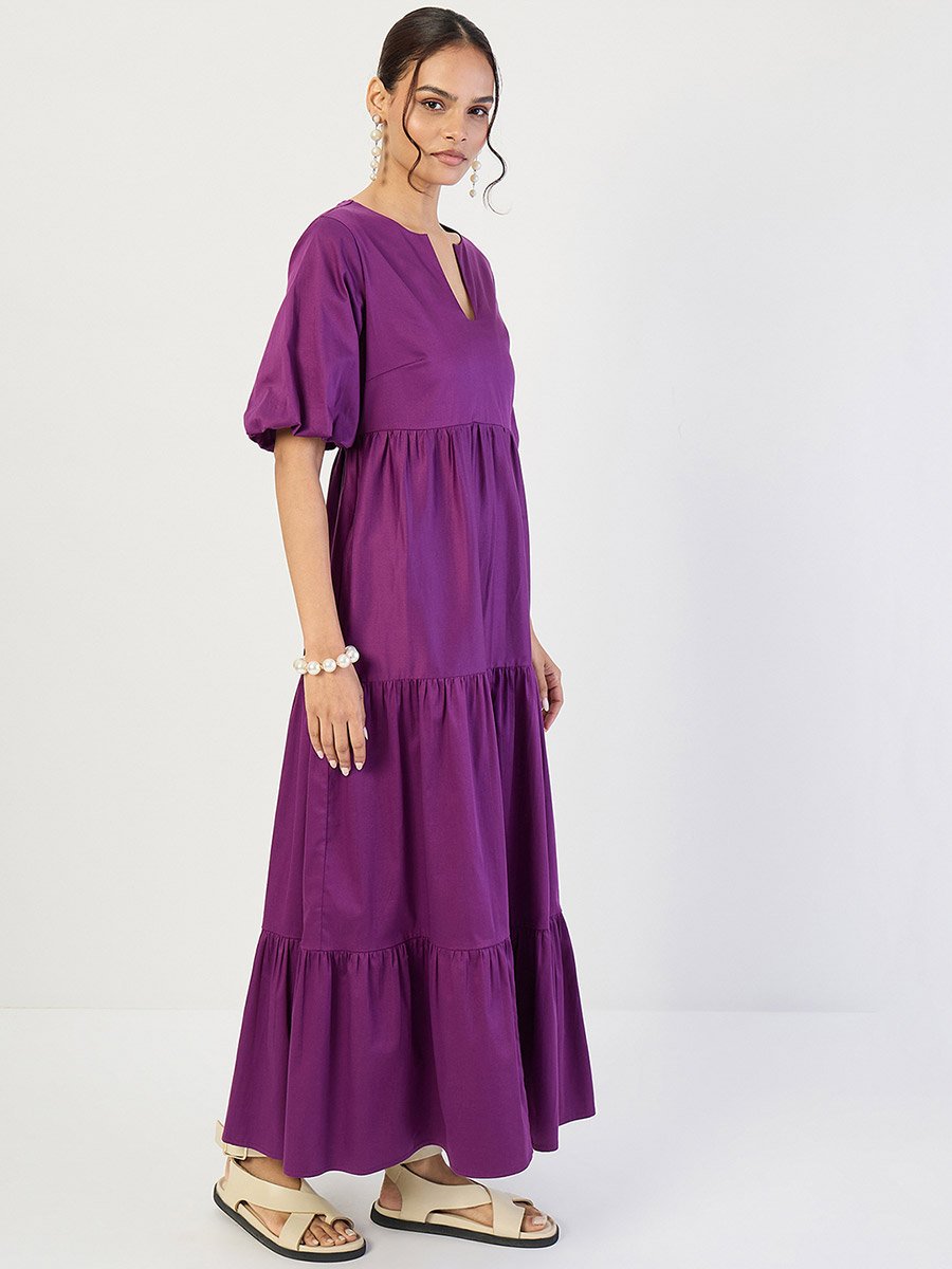 Purple Cotton Puff Sleeve Tiered Maxi Dress