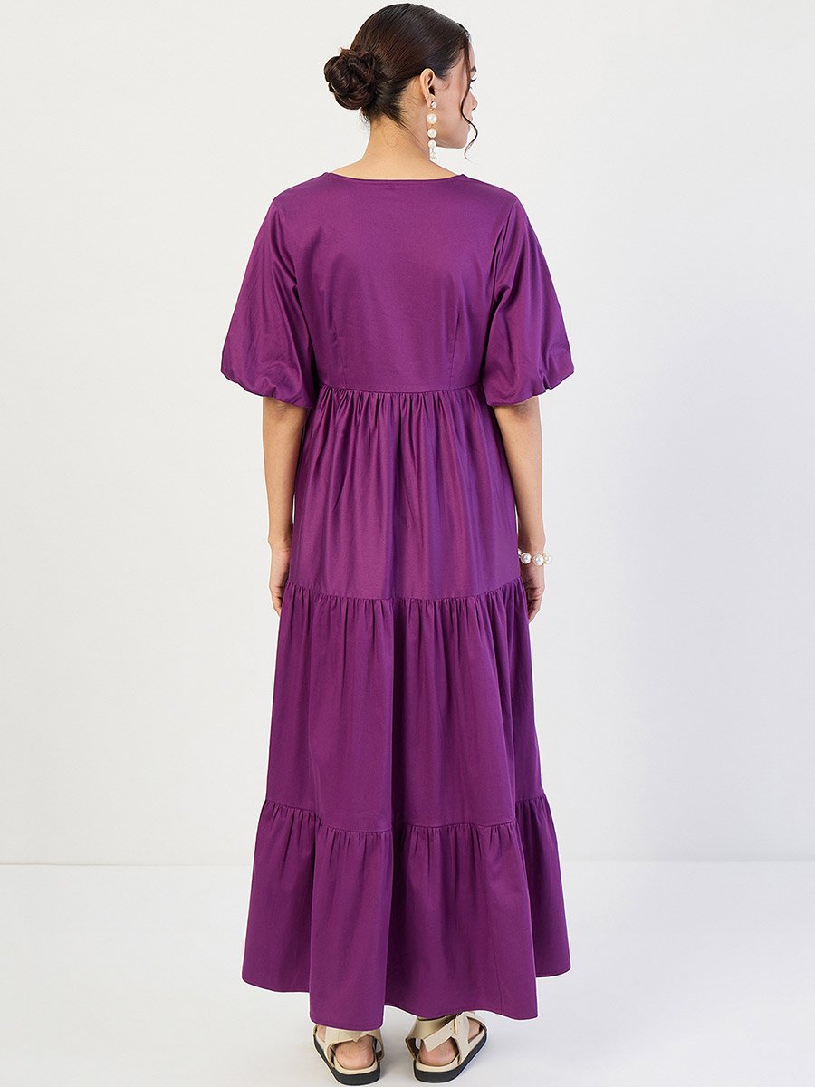 Purple Cotton Puff Sleeve Tiered Maxi Dress