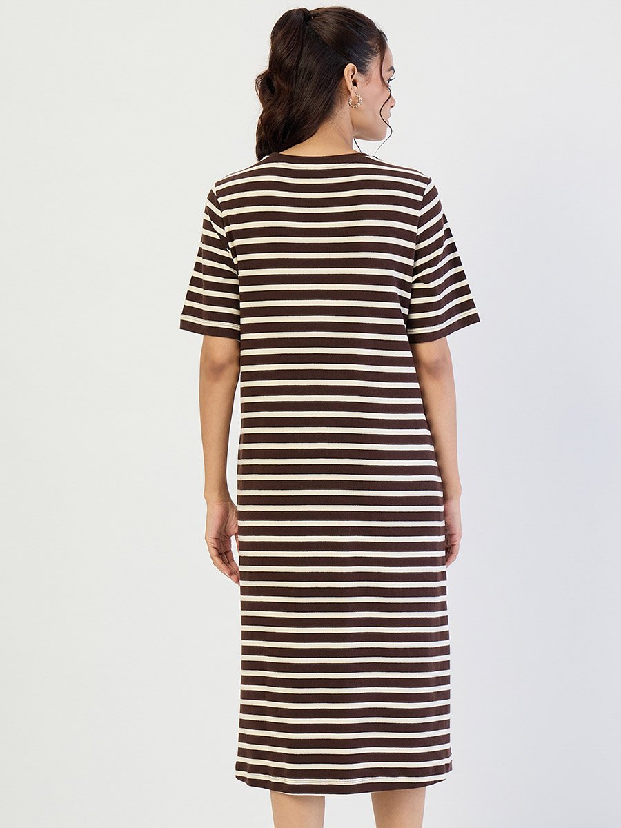 Brown Striped Knit Midi Dress