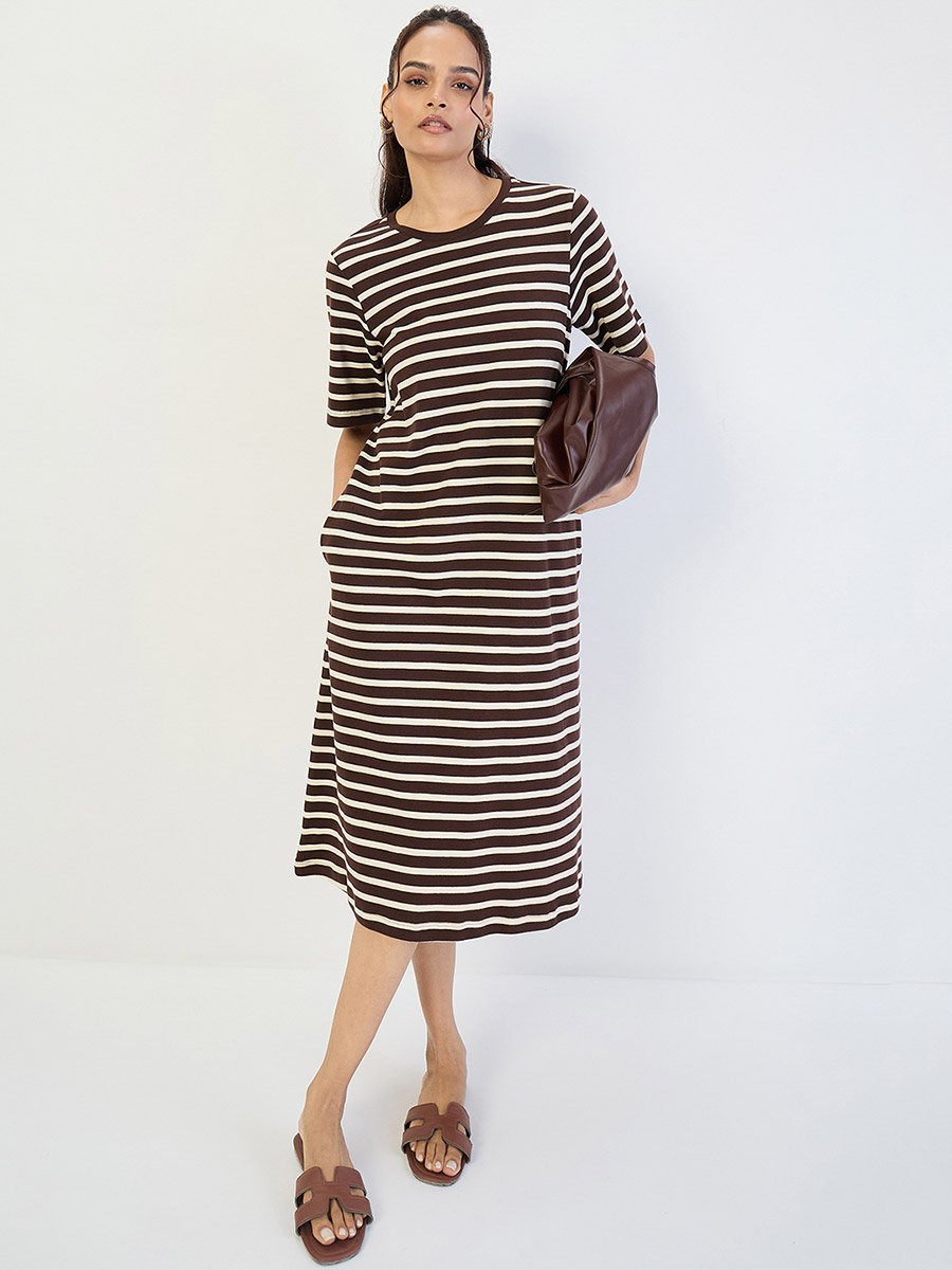 Brown Striped Knit Midi Dress