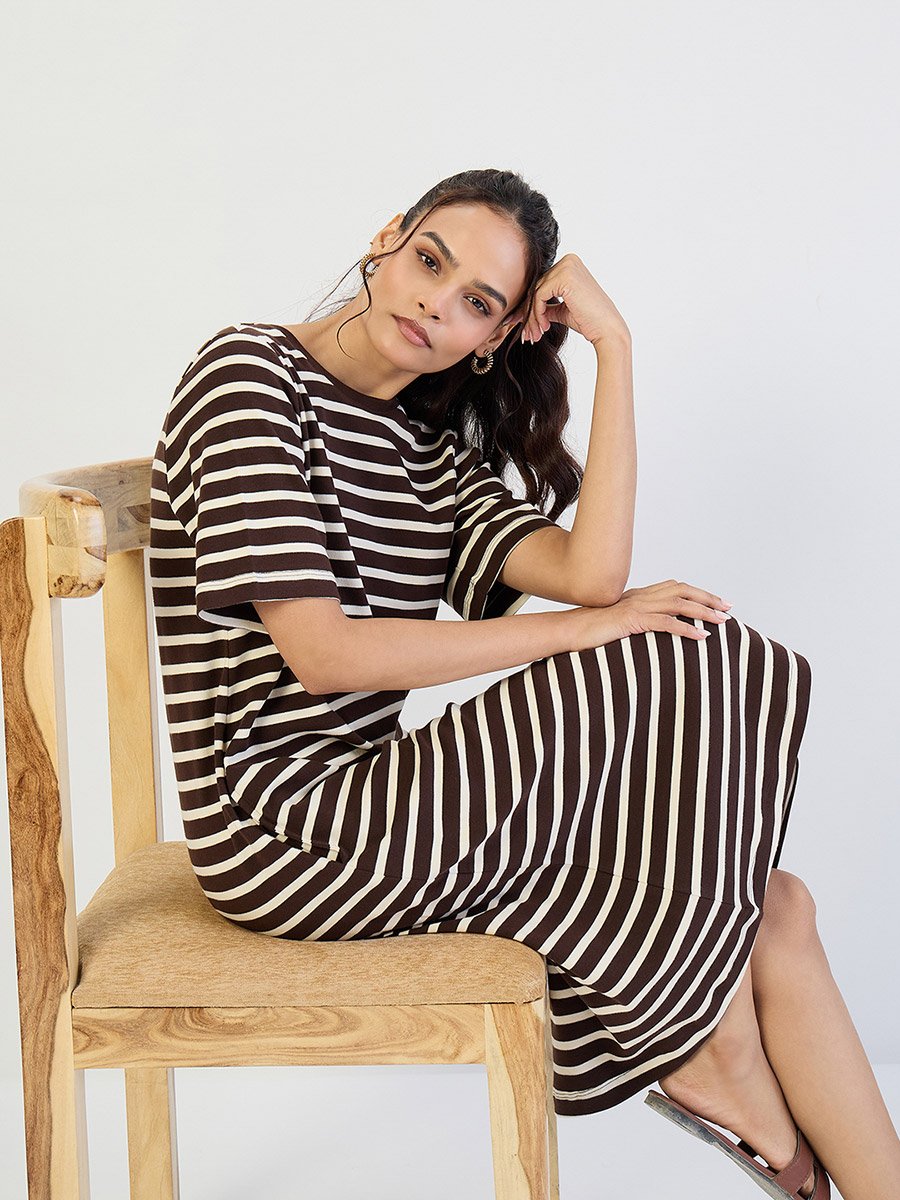 Brown Striped Knit Midi Dress