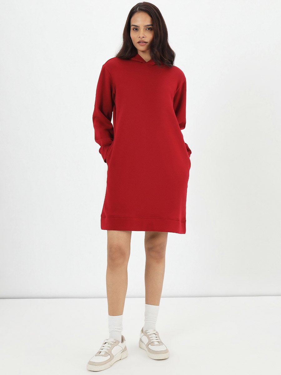 Red Fleece Hooded Mini Sweatshirt Dress