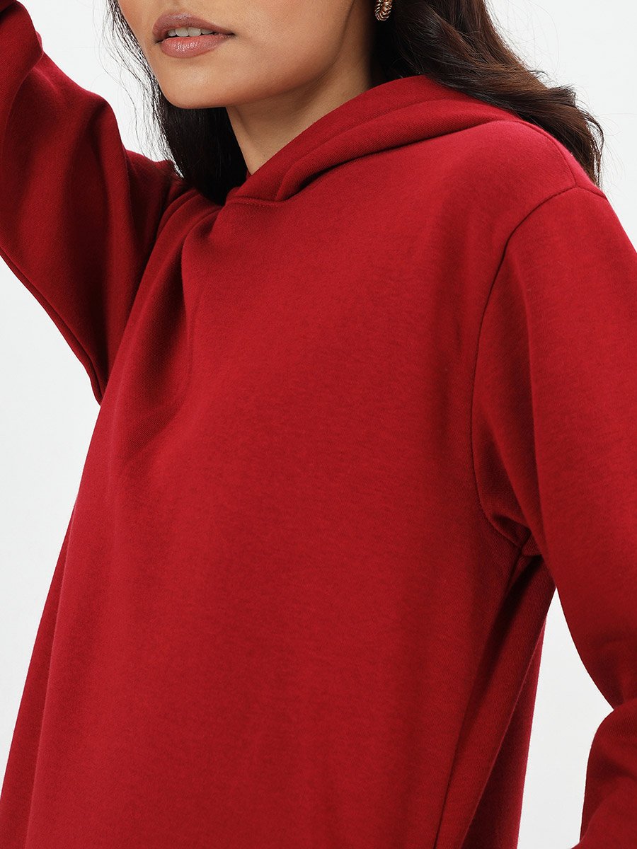 Red Fleece Hooded Mini Sweatshirt Dress