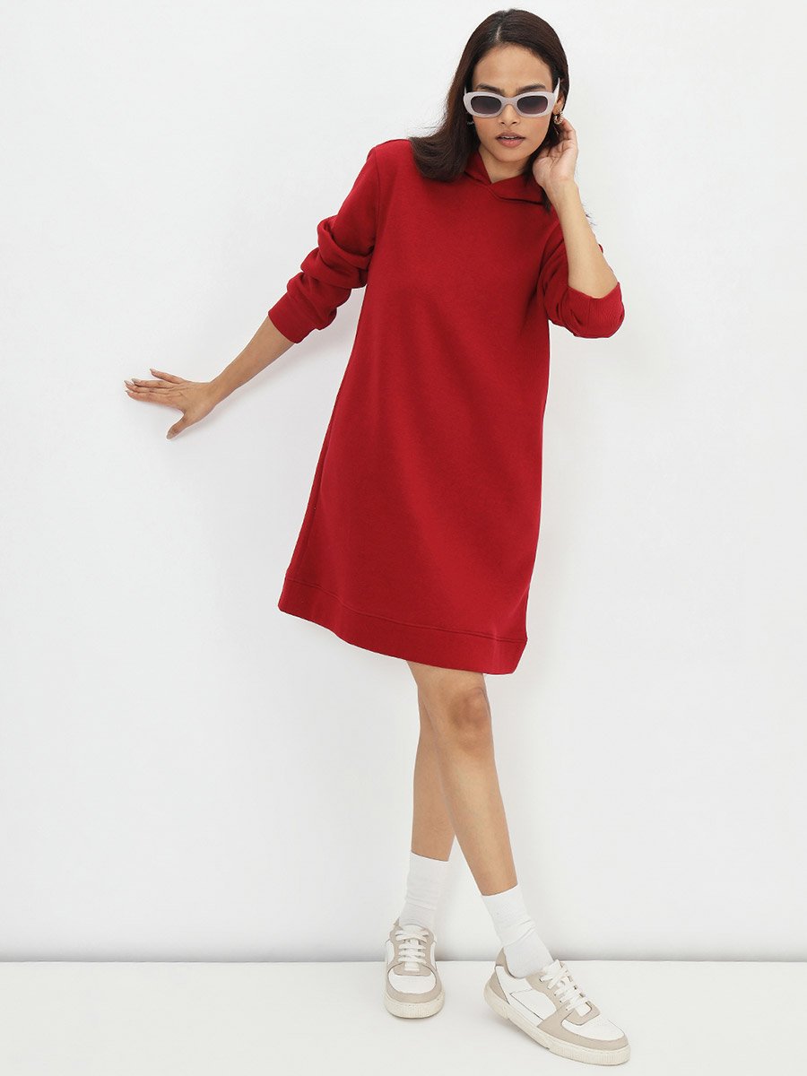 Red Fleece Hooded Mini Sweatshirt Dress