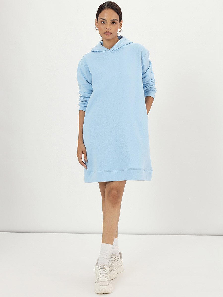 Light Blue Fleece Hooded Mini Sweatshirt Dress