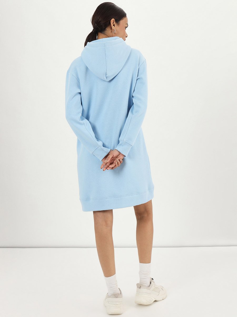 Light Blue Fleece Hooded Mini Sweatshirt Dress