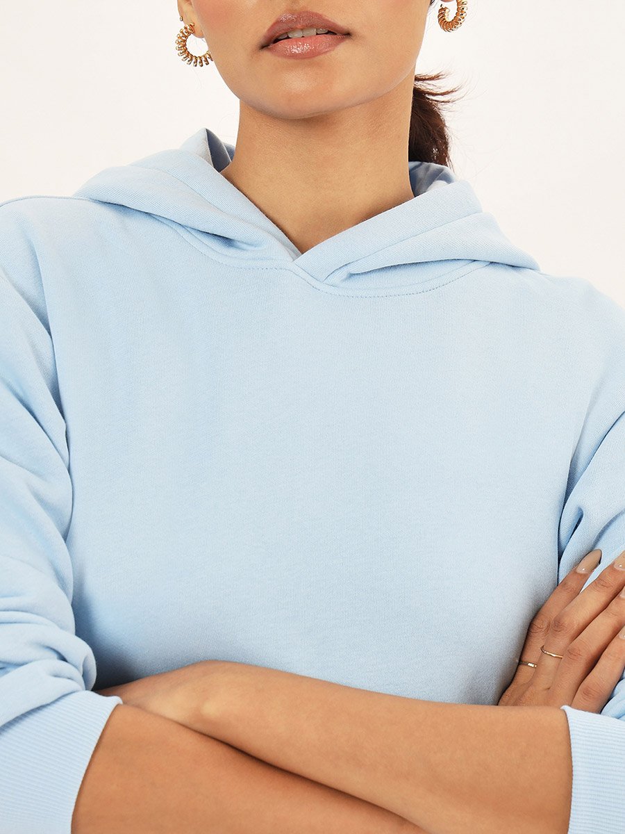 Light Blue Fleece Hooded Mini Sweatshirt Dress