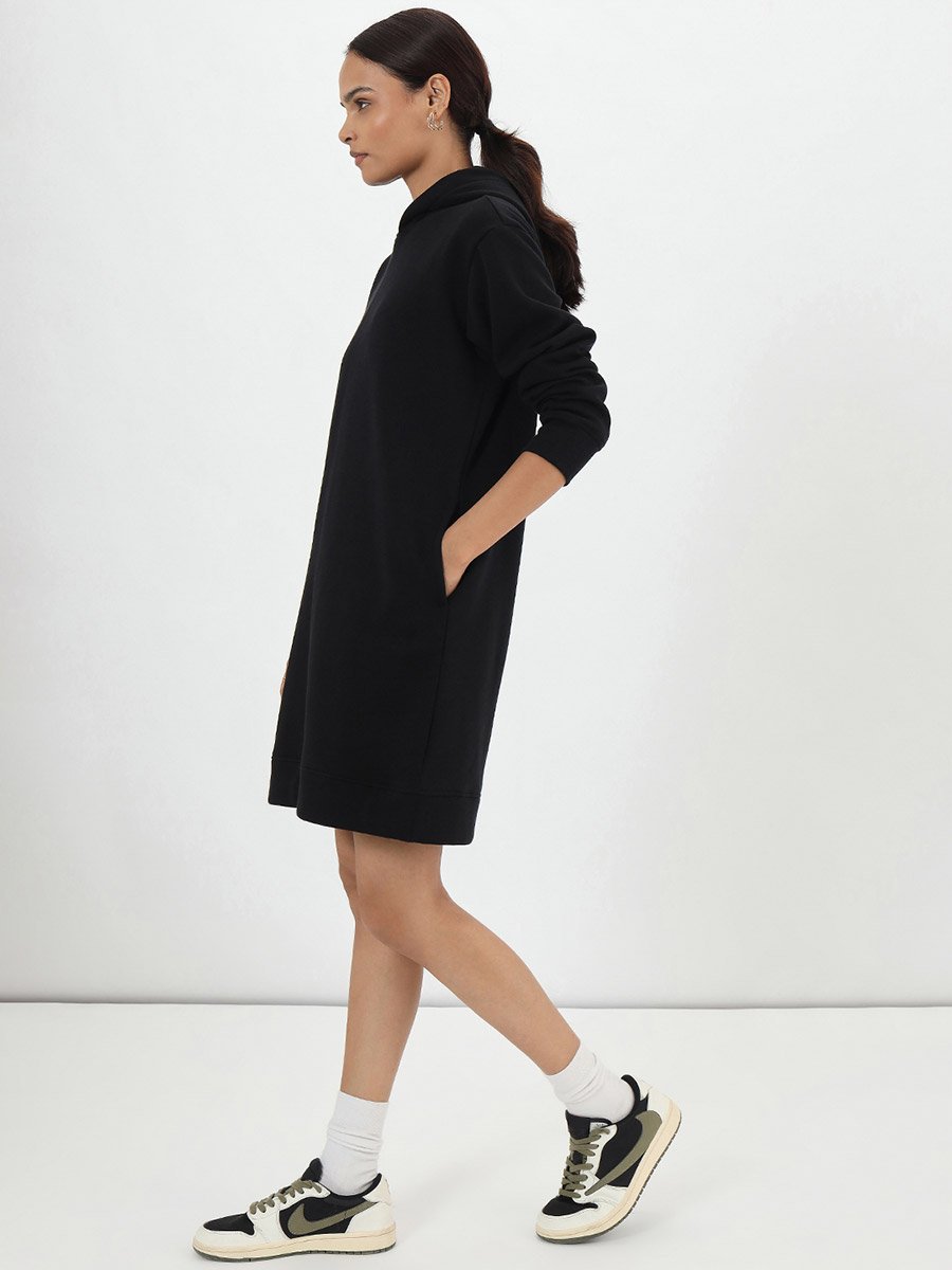 Black Fleece Hooded Mini Sweatshirt Dress