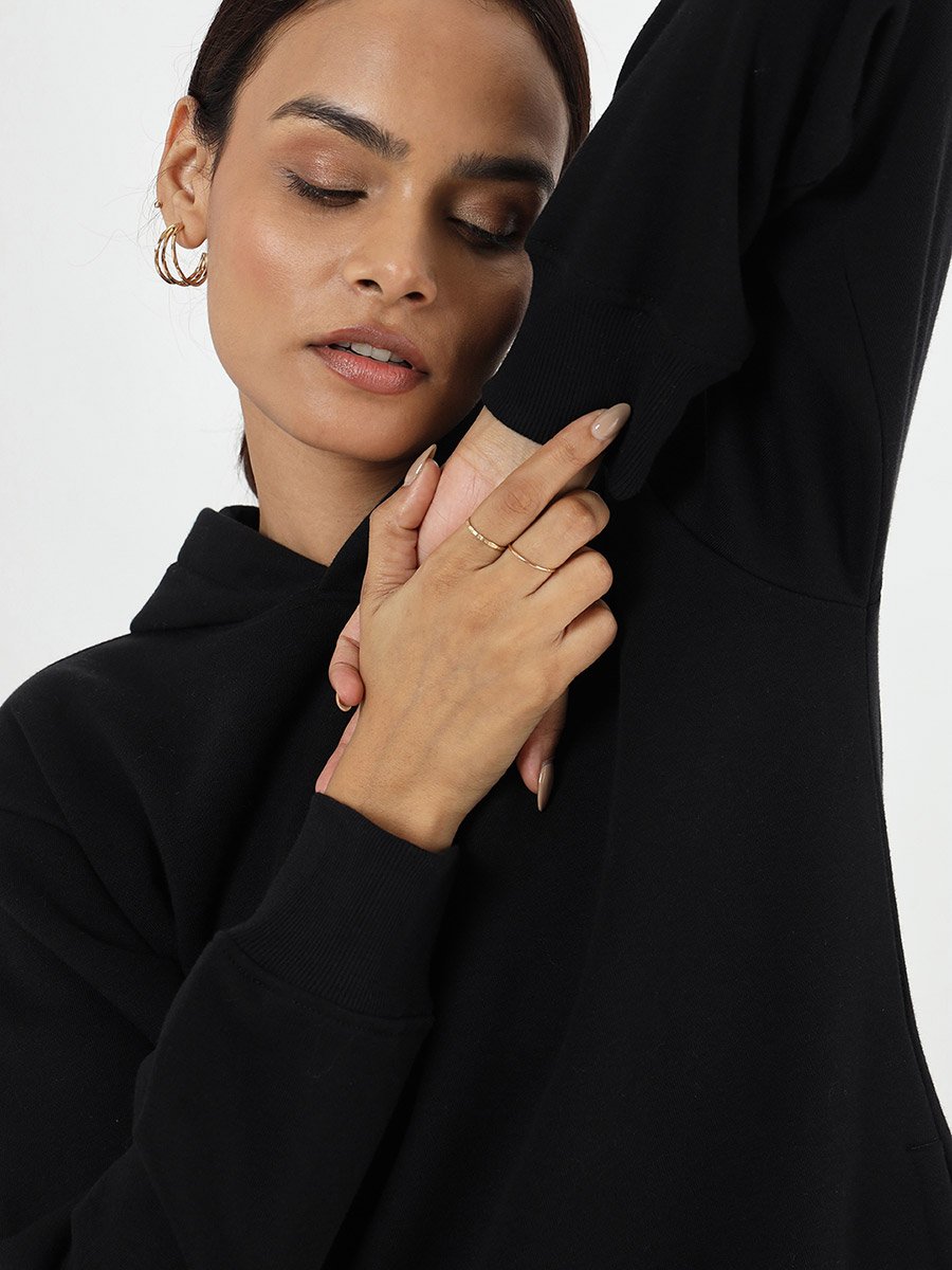 Black Fleece Hooded Mini Sweatshirt Dress