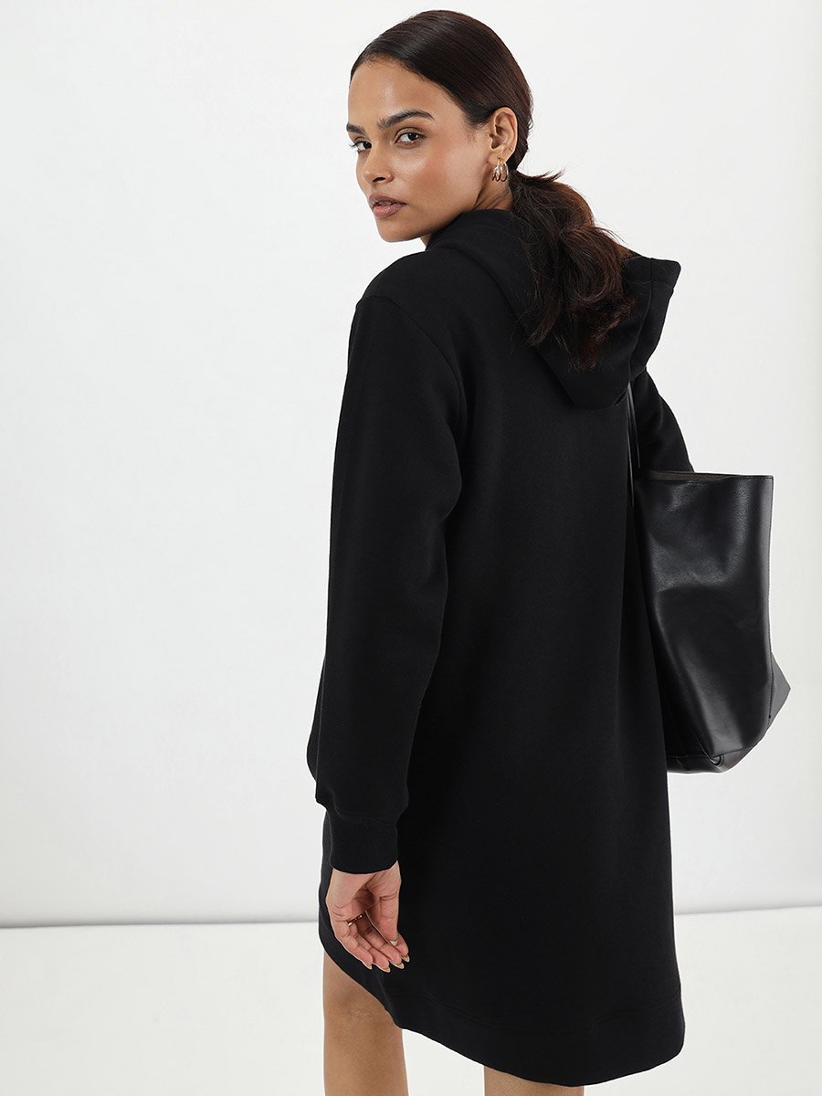 Black Fleece Hooded Mini Sweatshirt Dress
