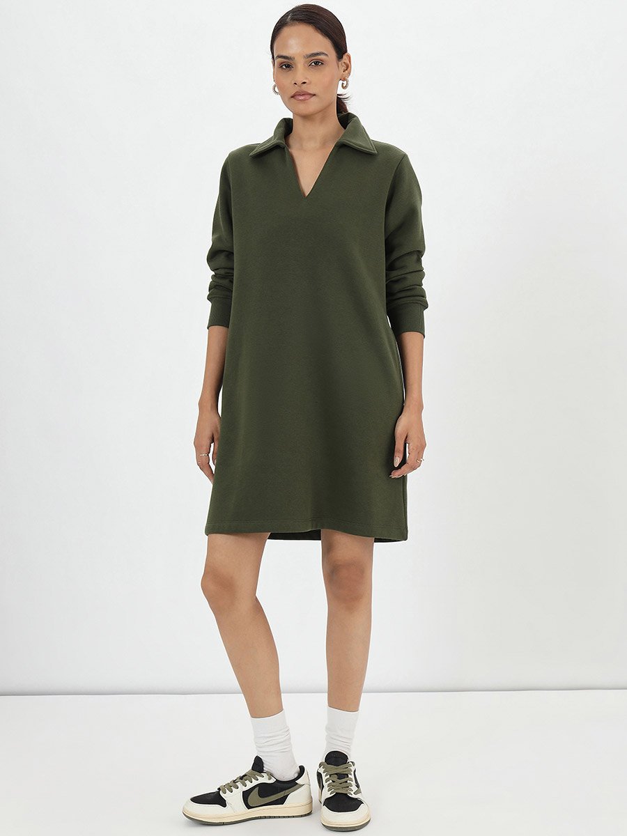 Olive Fleece Mini Shirt Dress