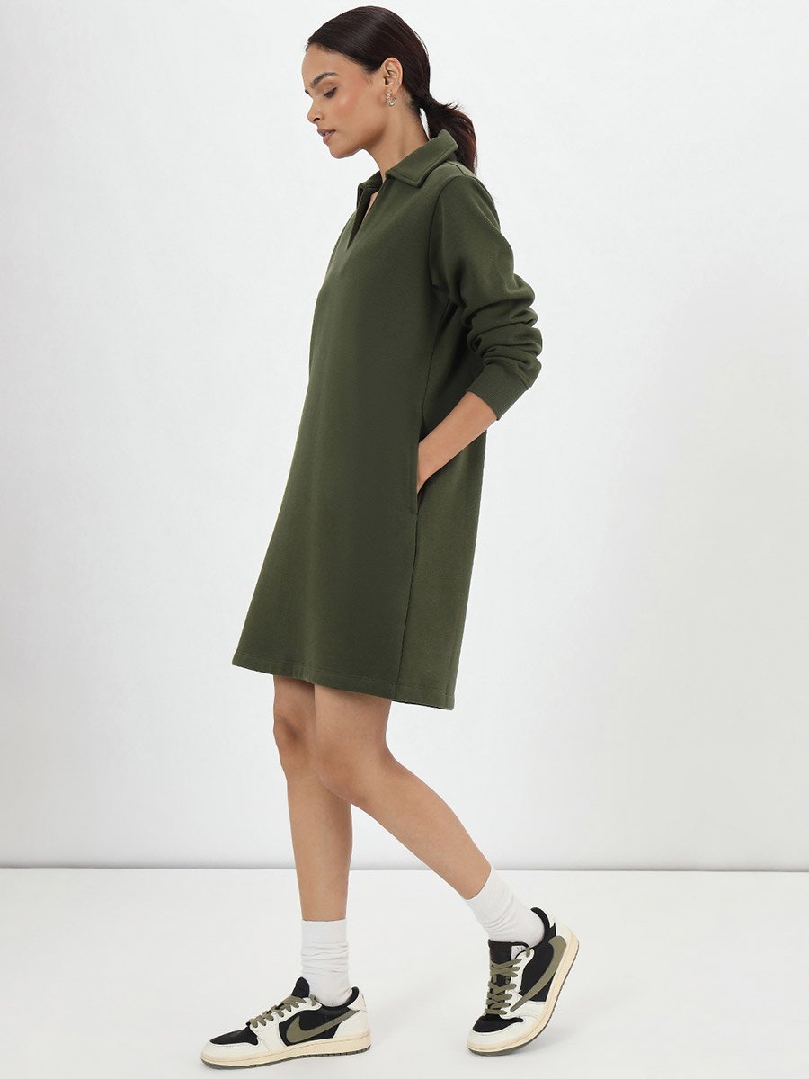 Olive Fleece Mini Shirt Dress