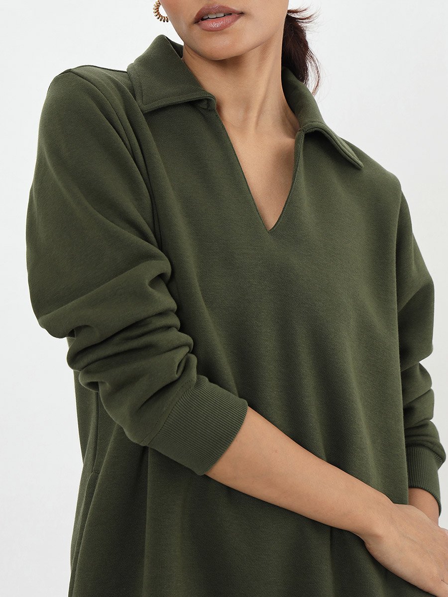 Olive Fleece Mini Shirt Dress